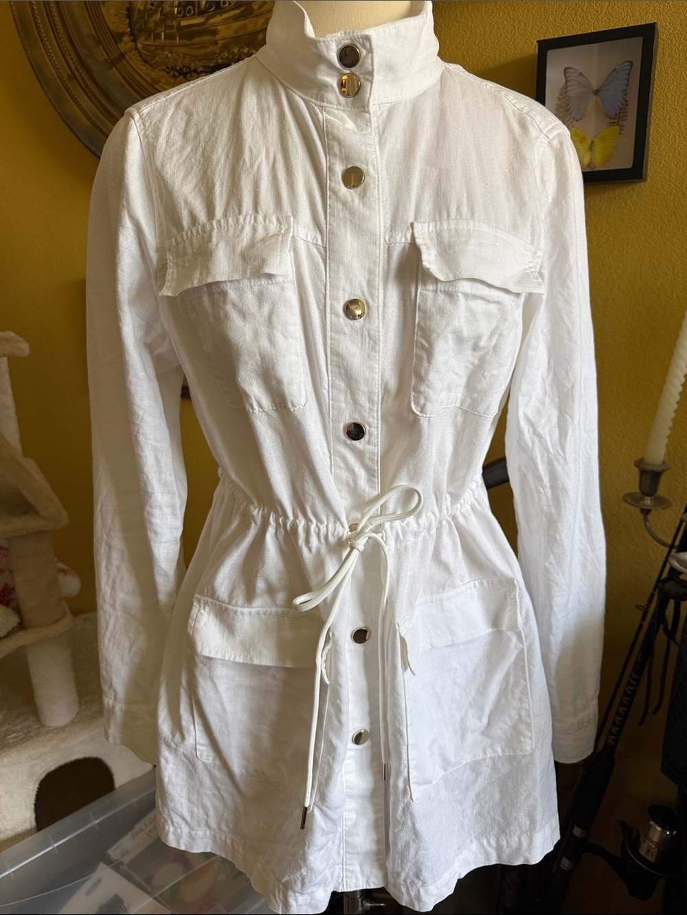 Anne Klein Linen Women’s White Drawstring Waist Utility Jacket Snap Button